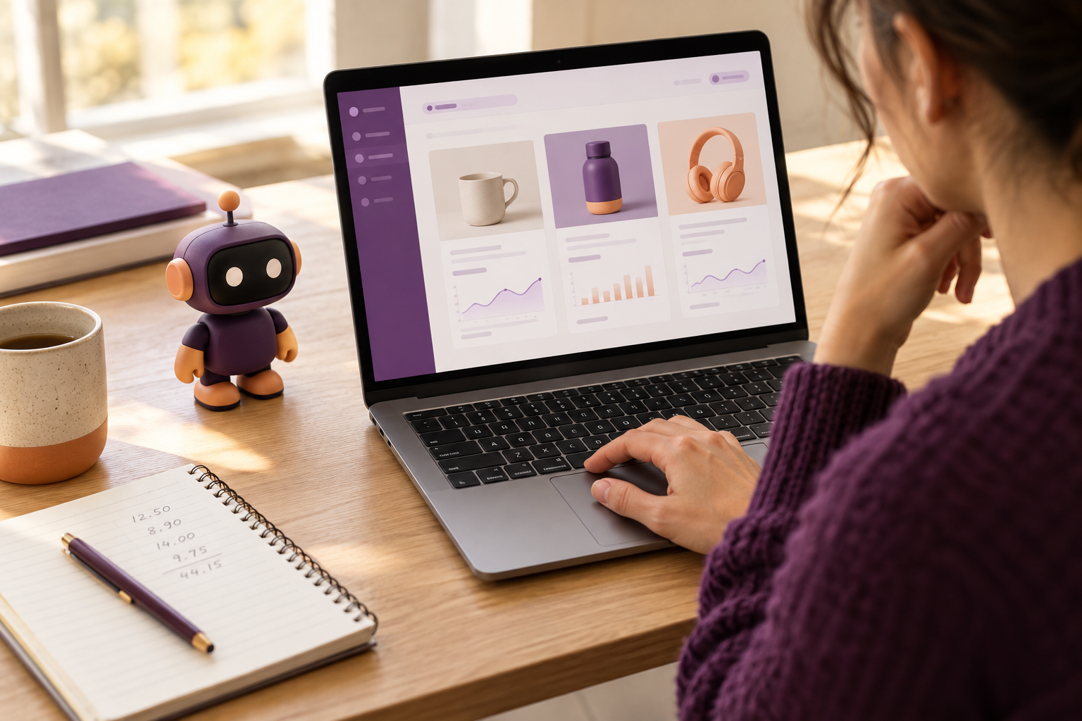 Reviewing item pricing research at a laptop