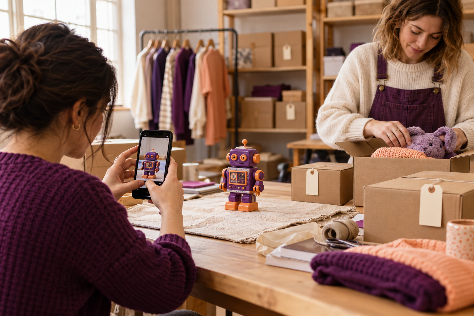 Two people photographing and organizing inventory