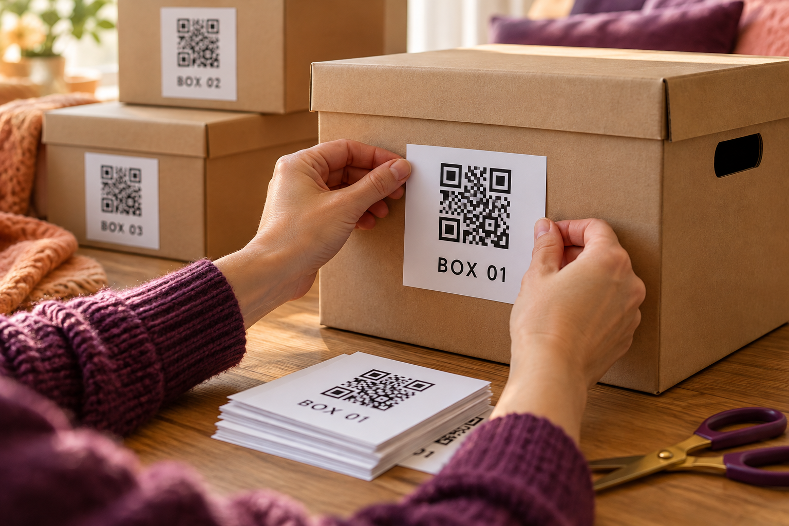 Attaching a printed QR inventory tag to a box